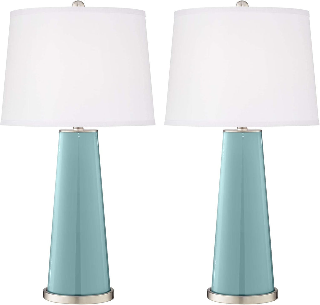 Color + Plus Leo 29 1/2' Tall Cylinder Modern Coastal End Table Lamps Set of 2 Raindrop Blue Brushed Nickel Finish Glass White Shade Living Room Bedroom Bedside Nightstand House Office Home Reading