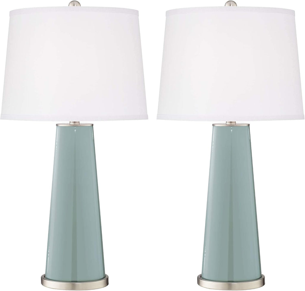 Color + Plus Leo Modern Table Lamps 29 1/2' Tall Set of 2 Aqua Sphere Blue Glass Tapered Column Plain White Drum Shade Decor for Bedroom Living Room House Bedside Nightstand Office Family