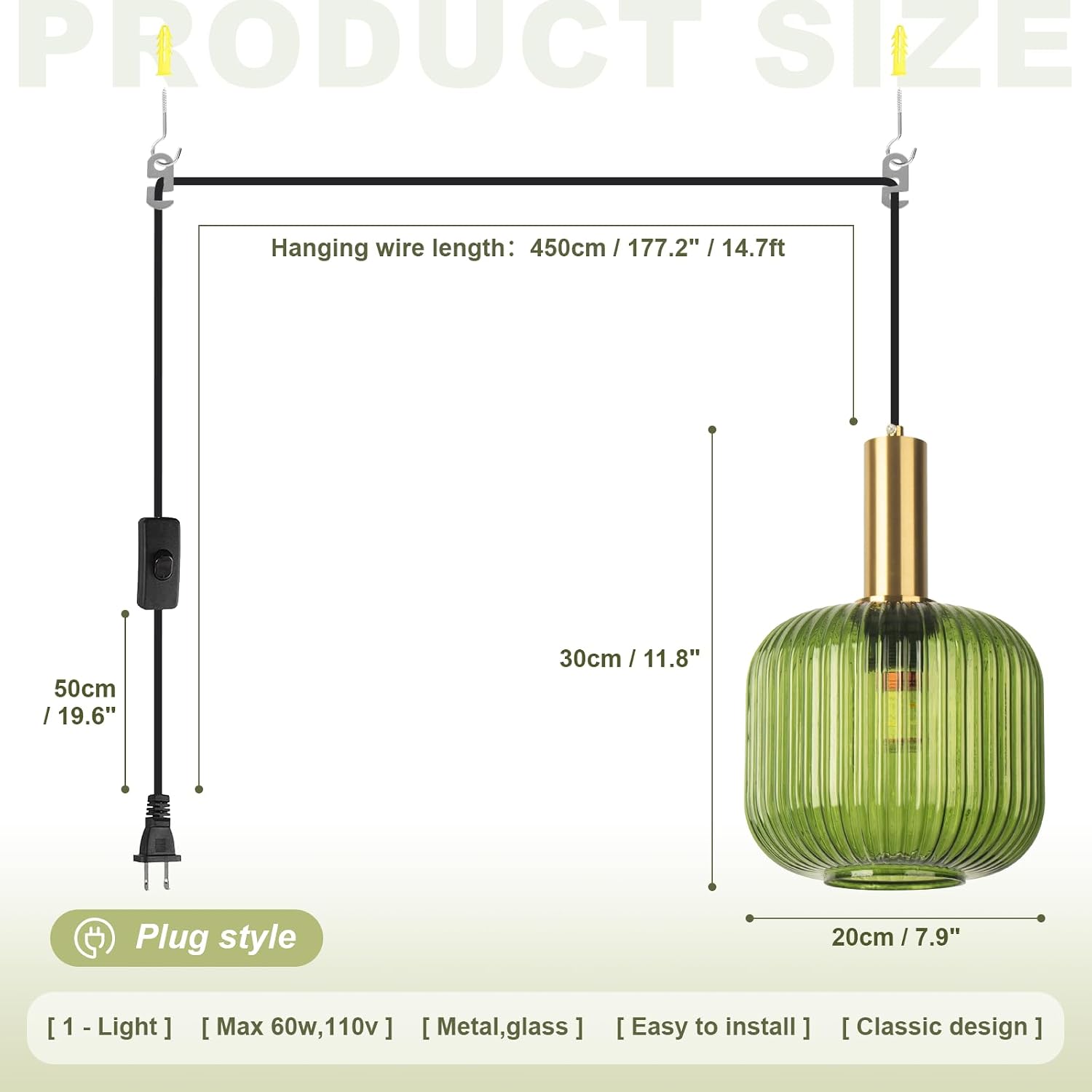 2 Pack Plug in Pendant Light for Living Room, 9.8' Green Glass Ceiling Hanging Lamp Lantern Shade Gold Mid Century Hanging Lamp for Kitchen Island Dining Room Bedroom