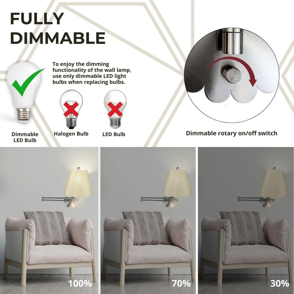Royal Designs, Inc. Set of 2 Scalloped Swing-Arm Dimmable Wall Lamp - Brushed Nickel Lamp with Beige Scallop Hardback Lampshade