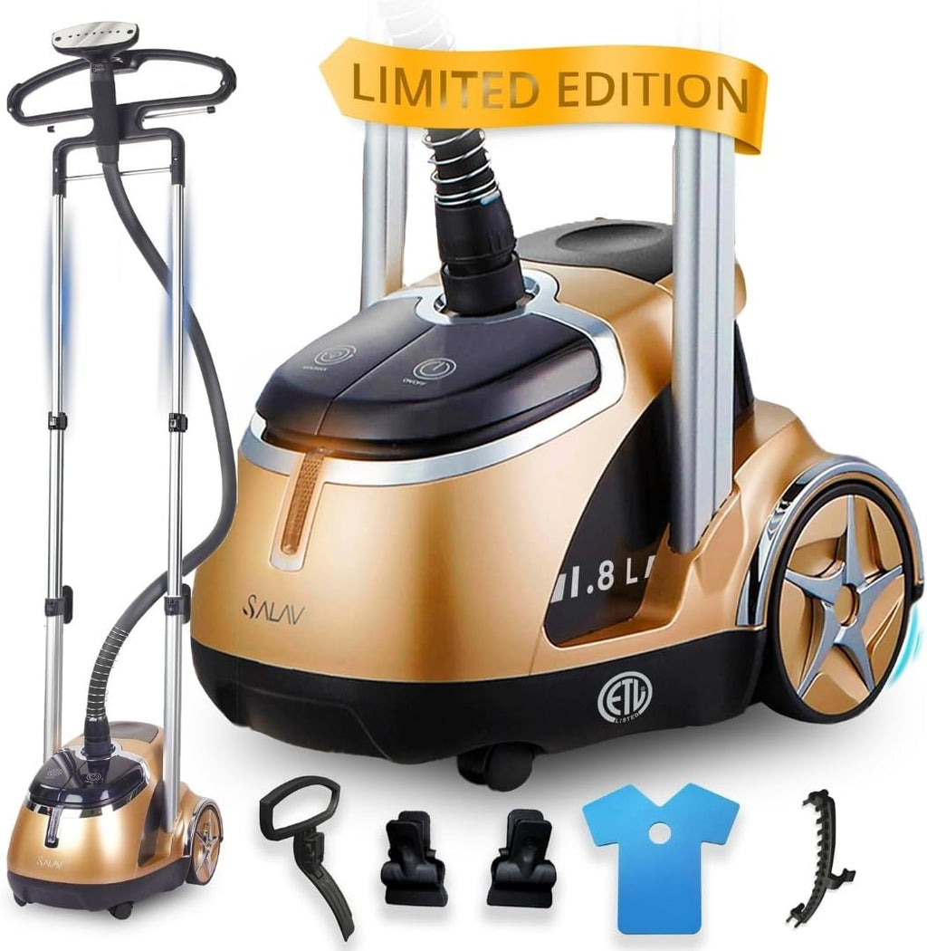 SALAV Professional Garment Steamer 1500W with Foot Pedal Control | 45s Fast Heat Up, 1.8L Tank, Up to 1 Hour Continuous Steam, Stainless Steel Nozzle & Wheels – Gold