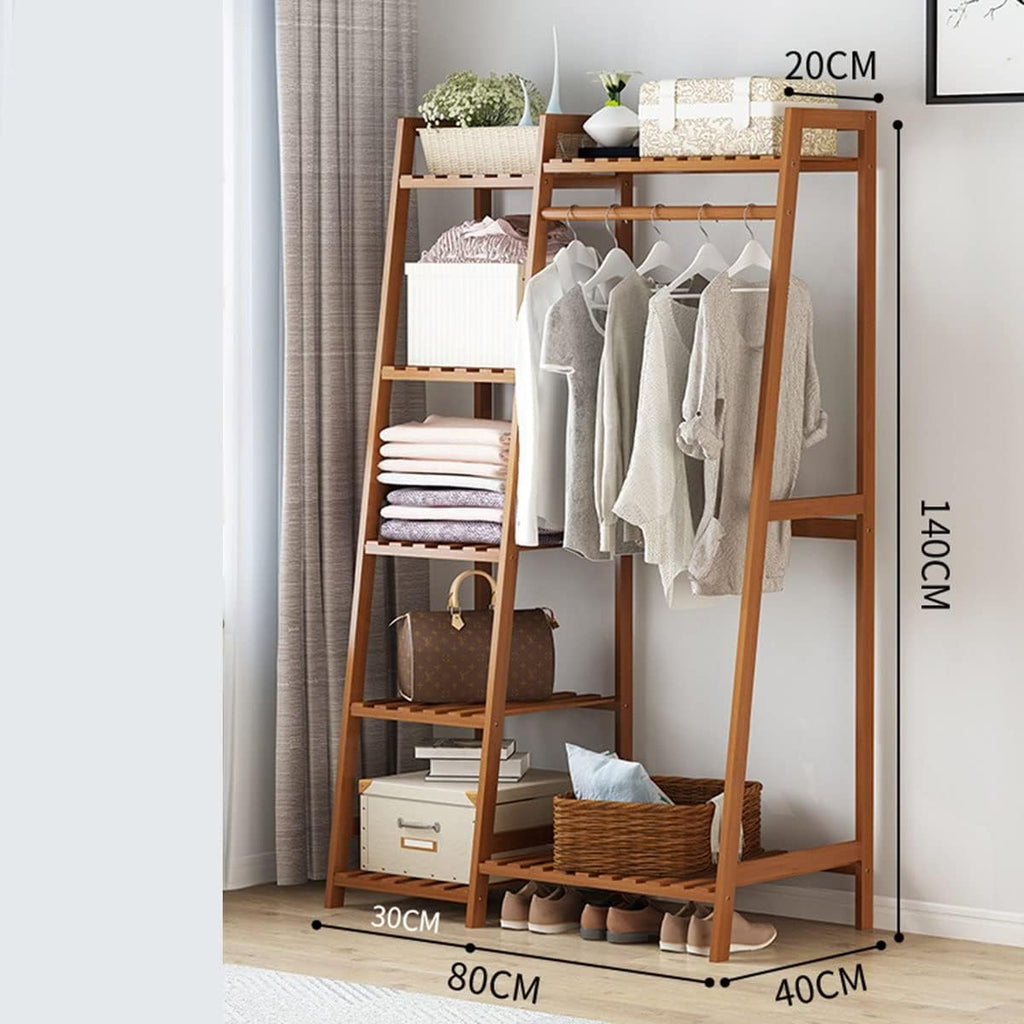Bamboo Clothes Hanging Rack with 5 Tier Storage Shelves Hooks Portable Rack Cloest Organizer Garment Rack for Bedroom Guest Room/80 * 40 * 140Cm (80*40*140cm )