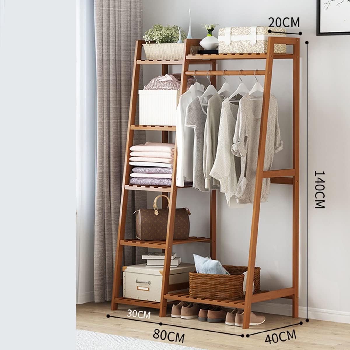 Bamboo Clothes Hanging Rack with 5 Tier Storage Shelves Hooks Portable Rack Cloest Organizer Garment Rack for Bedroom Guest Room/80 * 40 * 140Cm (80*40*140cm )