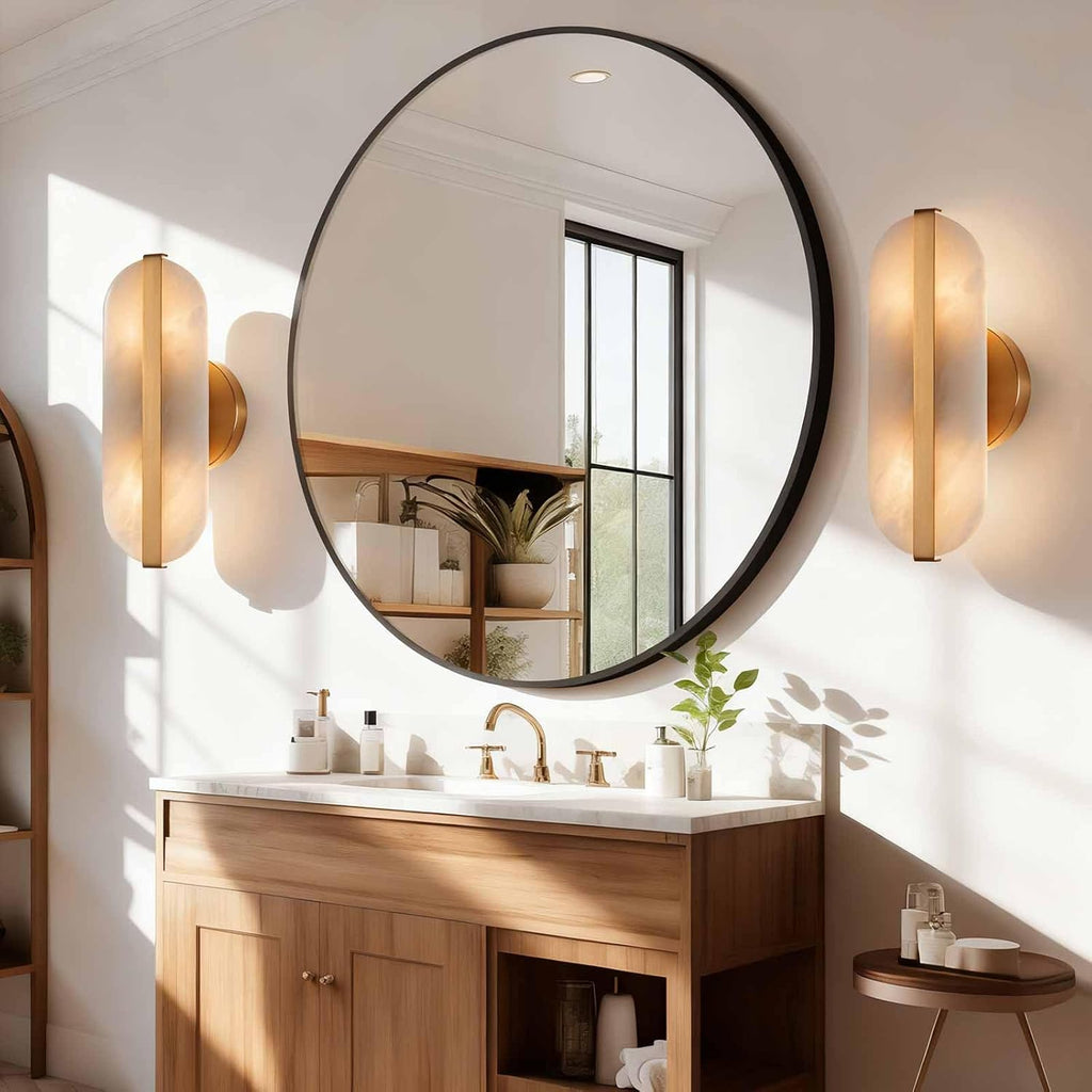 Natural Alabaster Wall Sconces Set of Two Marble Wall Sconces Gold Bathroom Vanity Wall Light Fixtures Modern Oval Stone Wall Lamp for Bedroom Living Room Hallway Restaurant Stairs
