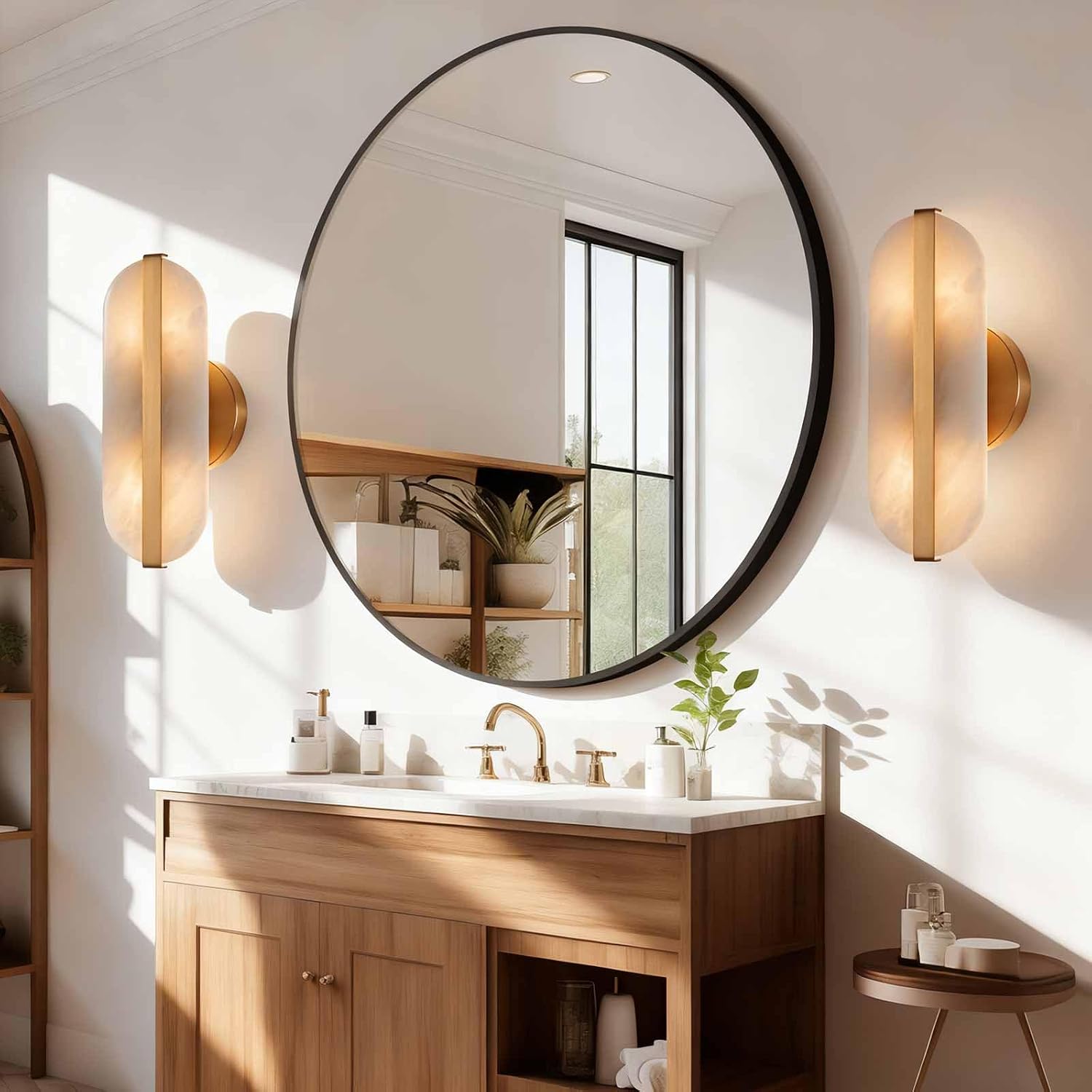 Natural Alabaster Wall Sconces Set of Two Marble Wall Sconces Gold Bathroom Vanity Wall Light Fixtures Modern Oval Stone Wall Lamp for Bedroom Living Room Hallway Restaurant Stairs