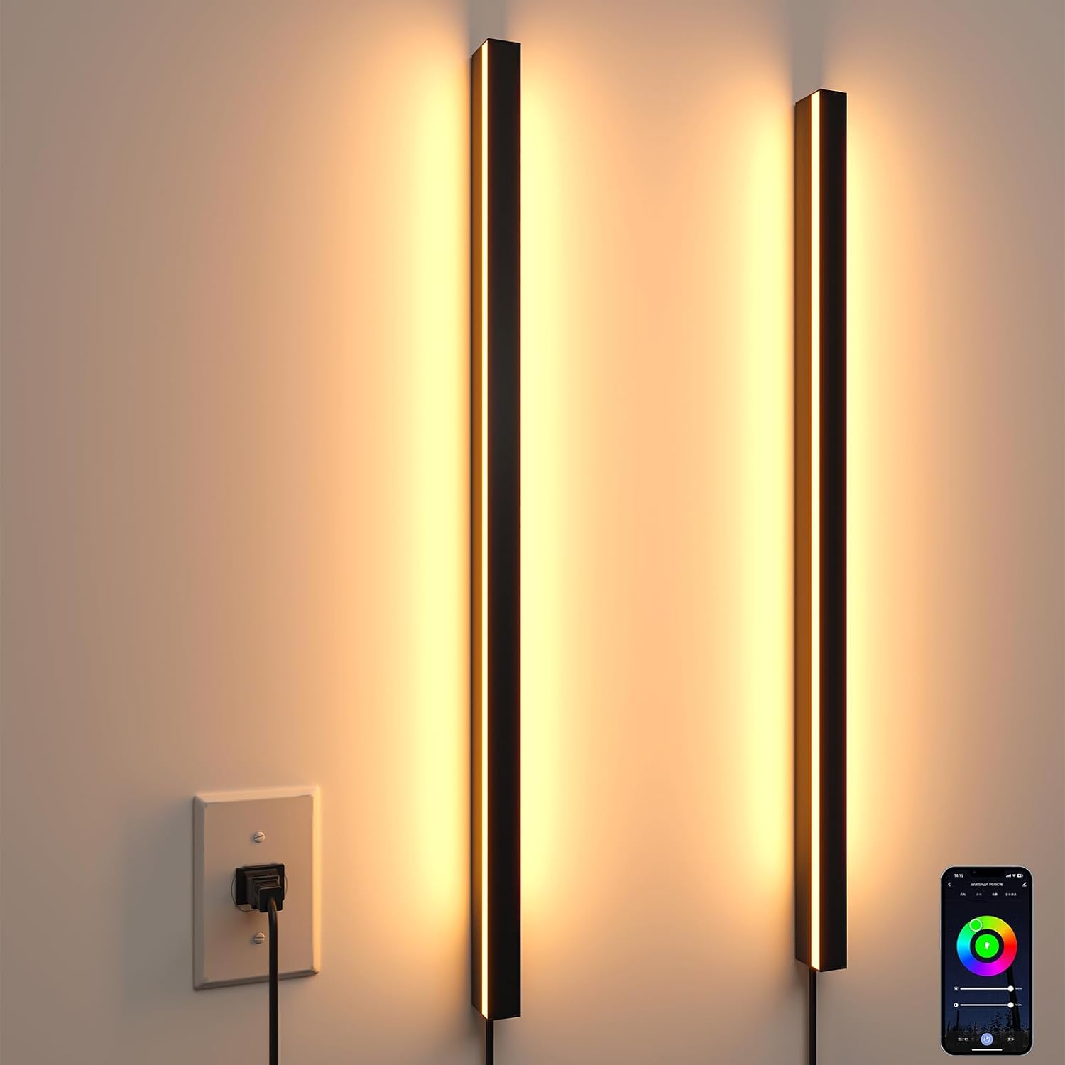 Smart Wall Sconces Set of 2, 35.4 In RGBCW LED Wall Lights Works with Alexa & Google Home, Plug-in or Hardwire Installation Wall Mount Lamp Dimmable for Bedroom, Living Room, Hallway Decor, Music Sync