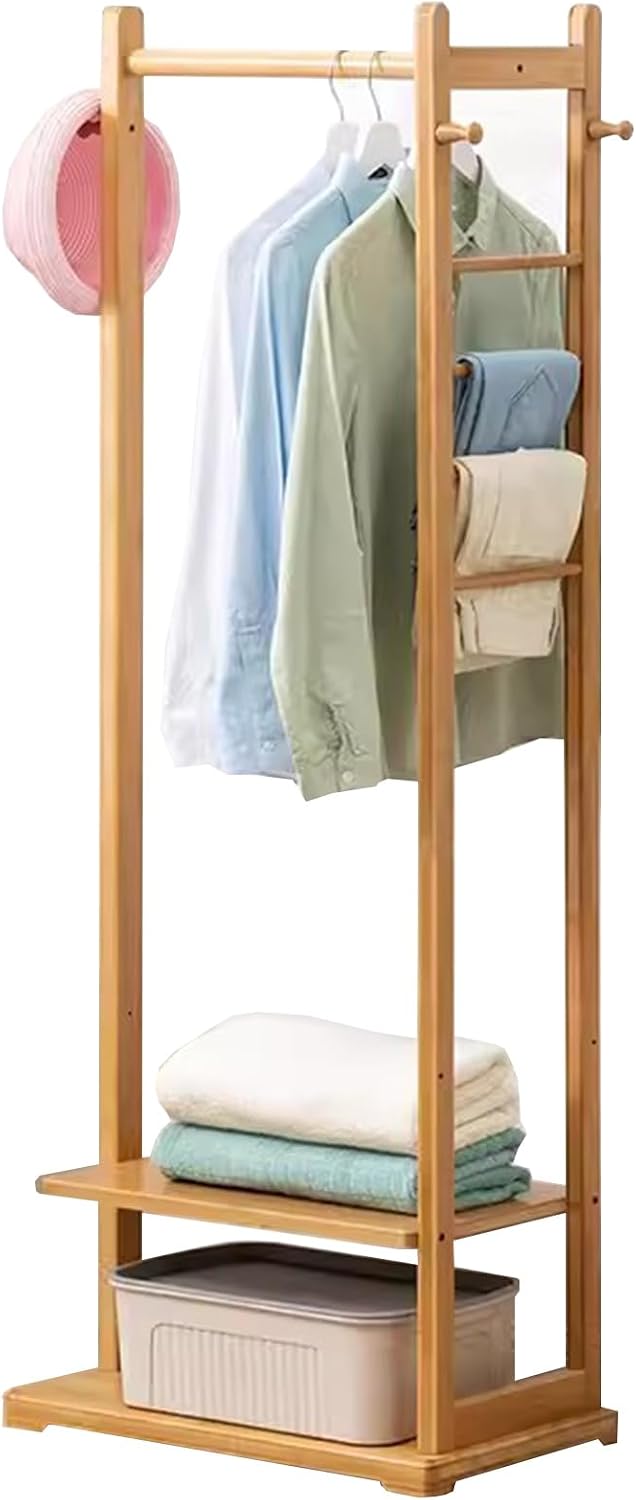 Garment Rack Bamboo Clothing Rack, Corner Coat Rack Stand Hall Trees For Entryway Bedroom And Living Room, Free Standing Clothes Hanging Rail With 2 Shelves, 3 Hooks And Pants Hange(Color:Wood color)