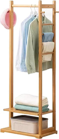 Garment Rack Bamboo Clothing Rack, Corner Coat Rack Stand Hall Trees For Entryway Bedroom And Living Room, Free Standing Clothes Hanging Rail With 2 Shelves, 3 Hooks And Pants Hange(Color:Wood color)
