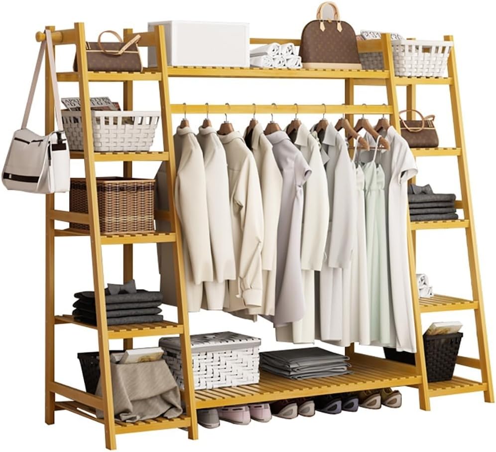 Bamboo Clothes Rail Stand - Freestanding Coat Garment Rack with Hanging Rod, Trapezoid Structure, Open Wardrobe Storage Organiser/B/160 * 40 * 140Cm,A,160 * 40 * 140Cm
