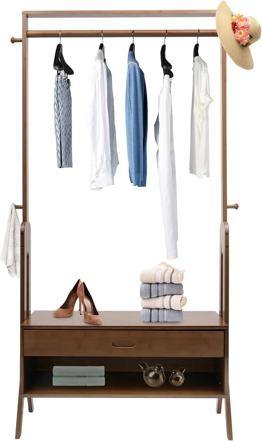 Bamboo Garment Rack Freestanding Closet Organizer, 83.5x33x169.5cm Coat Rack with Storage Shelf, Multifunctional Clothes Hanging Stand for Bedroom Entryway, Freestanding Clothing Storage Organizer