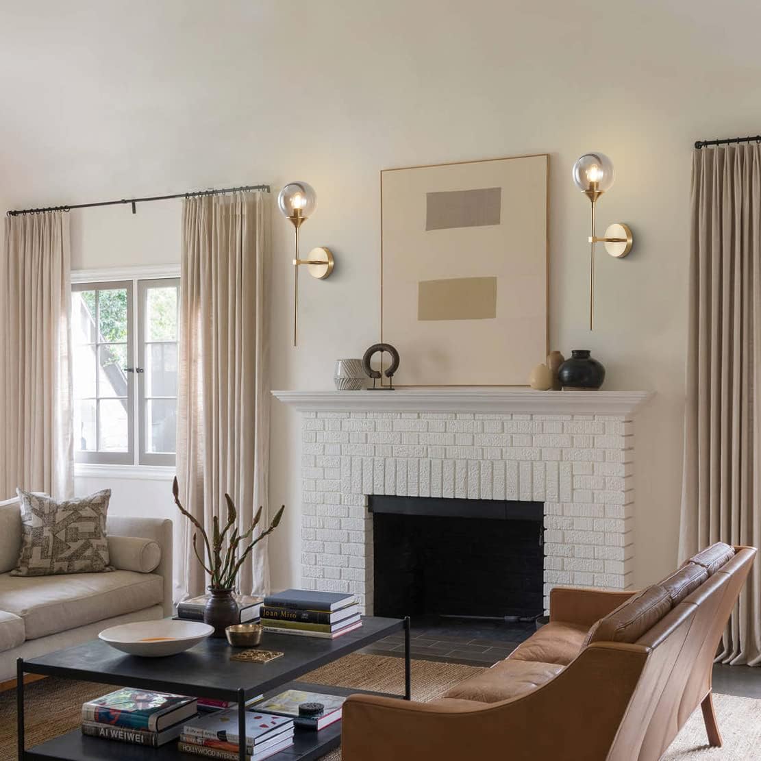BOKT Brushed Brass Gold Wall Mounted Sconce Set of 2 Mid Century Modern Long Globe Wall Light Fixture Vintage Smoke Gray Glass Wall Sconce Lighting (Smoke Gray)