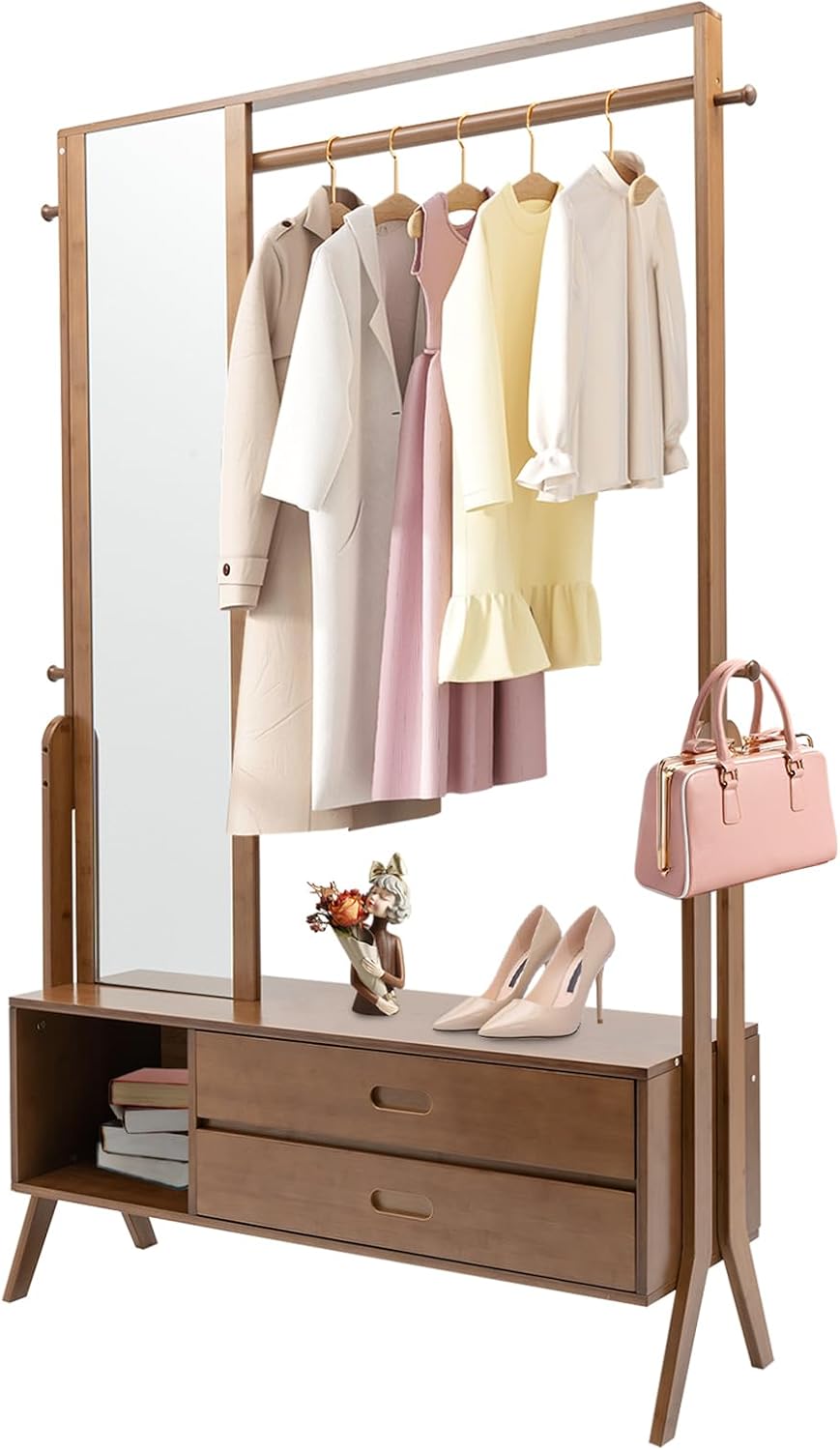 Xuthusman Bamboo Garment Rack With Full Length Mirror and Drawers, Hanging Clothes Portable Wardrobe Rack Freestanding Closet Organizer With Hanging Rod 4 Hooks for Bedroom Living Room
