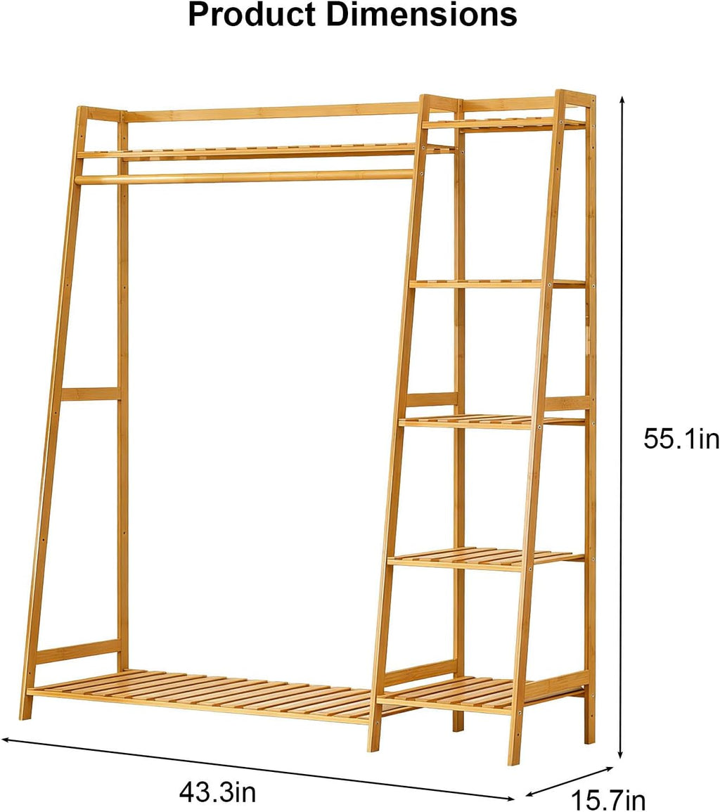 Bamboo Garment Rack with Shelves, Free Standing Clothes Organizer, Multi-Tier Storage with Hanging Rod and Shoe Rack, 43.3x15.7x55.1 Inches