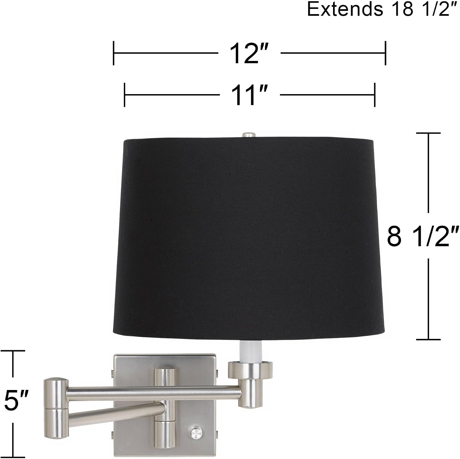 Possini Euro Design Modern Swing Arm Wall Mounted Lamps Set of 2 Brushed Nickel Plug-in Light Fixture Dimmable Black Drum Shade for Bedroom Bedside House Reading Living Room Home Hallway Dining