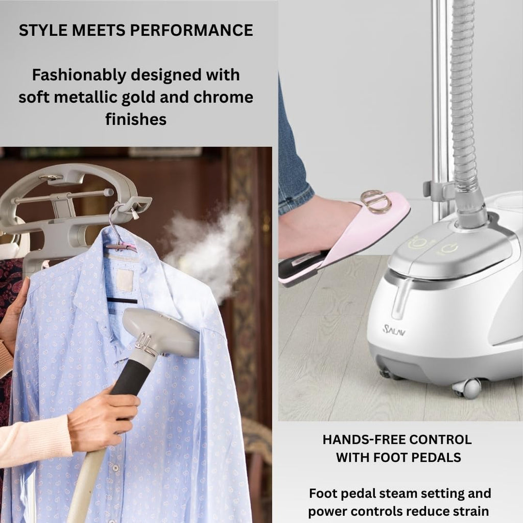 SALAV GS45-DJ Professional Upright Garment Steamer with Roll Wheels, Multi-Function Extra Wide Hanger, Fabric Brush & Mini Ironing Paddle, 1500 watts, Silver