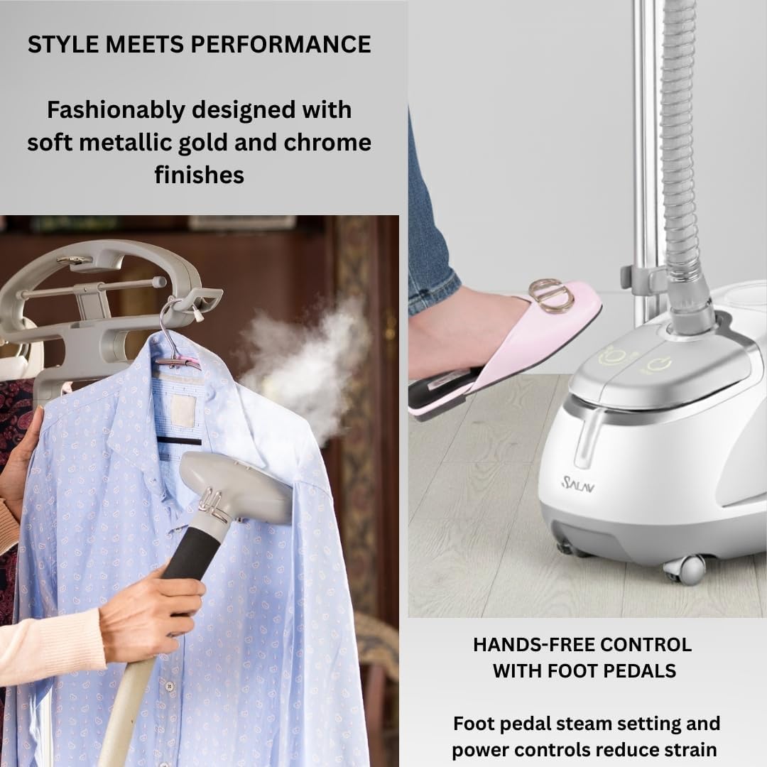 SALAV GS45-DJ Professional Upright Garment Steamer with Roll Wheels, Multi-Function Extra Wide Hanger, Fabric Brush & Mini Ironing Paddle, 1500 watts, Silver