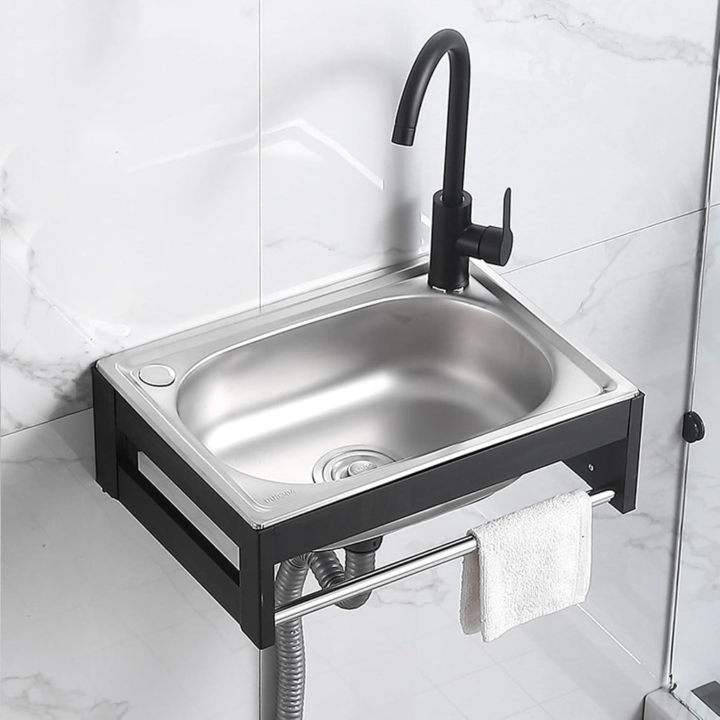 Wall Mounted Kitchen Sink with Towel Rack, Stainless Steel Utility Sink Washing with Hot and Cold Water Tap and Pipe, Single Bowl Restaurant Sink for Lau,48 * 35 * 21cm