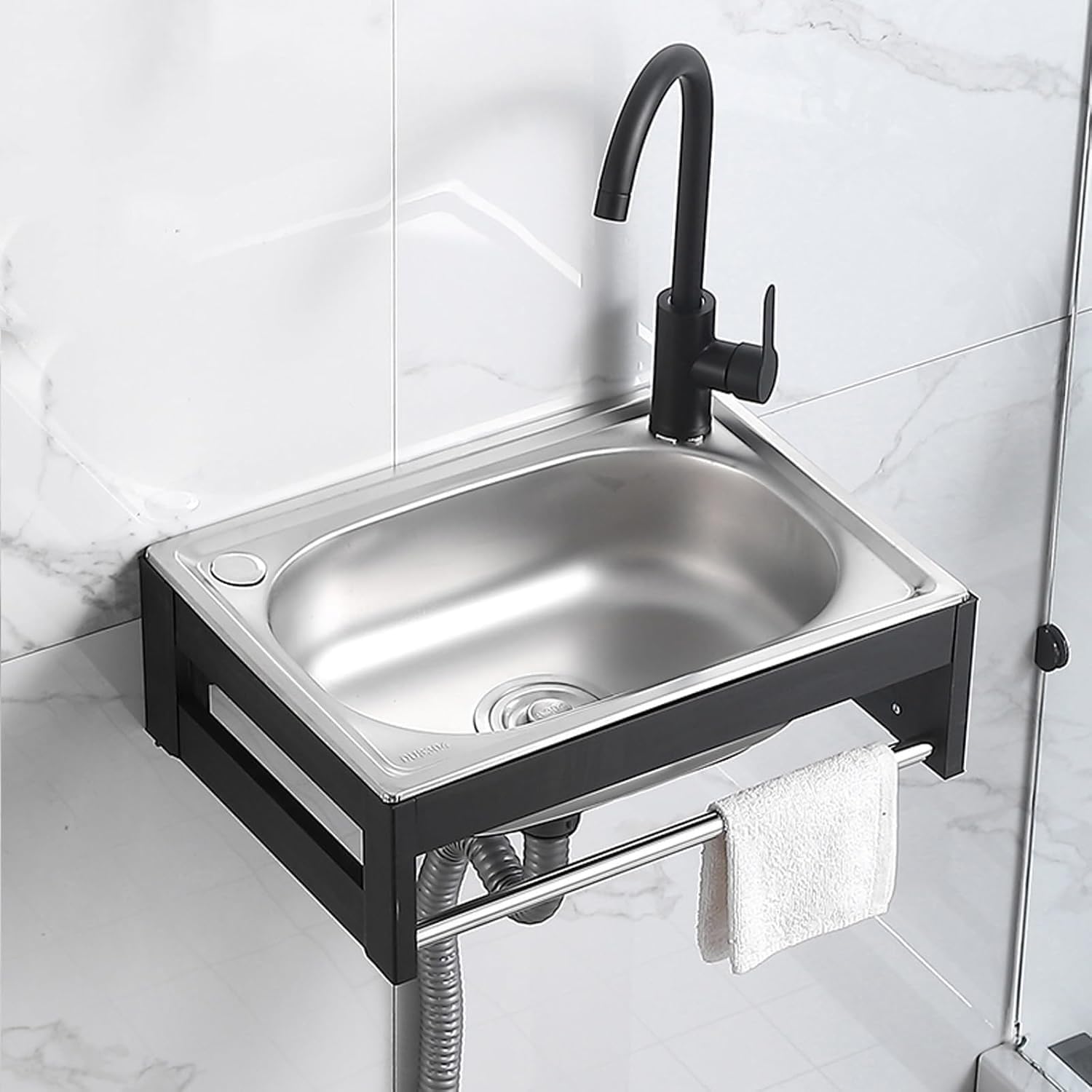 Wall Mounted Kitchen Sink with Towel Rack, Stainless Steel Utility Sink Washing with Hot and Cold Water Tap and Pipe, Single Bowl Restaurant Sink for Lau,50 * 40 * 21cm