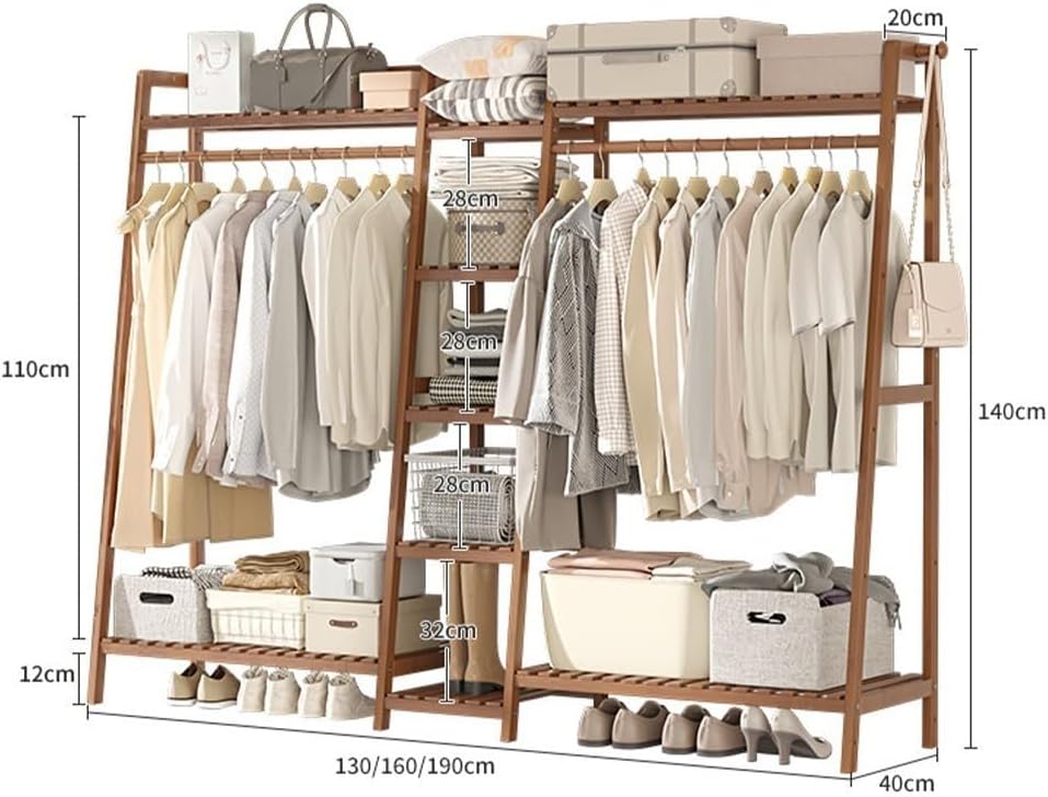 Heavy Duty Clothes Rail, Portable Extra Large Garment Rackwith 5 Partition, Bamboo Coat Rack for Hanging Clothes, Easy to Install for Clothes Shoes Storage