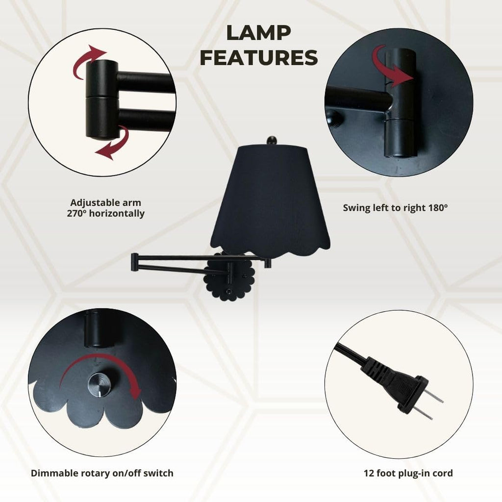 Royal Designs, Inc. Set of 2 Scalloped Swing-Arm Dimmable Wall Lamp - Black Lamp with Black Scallop Hardback Lampshade