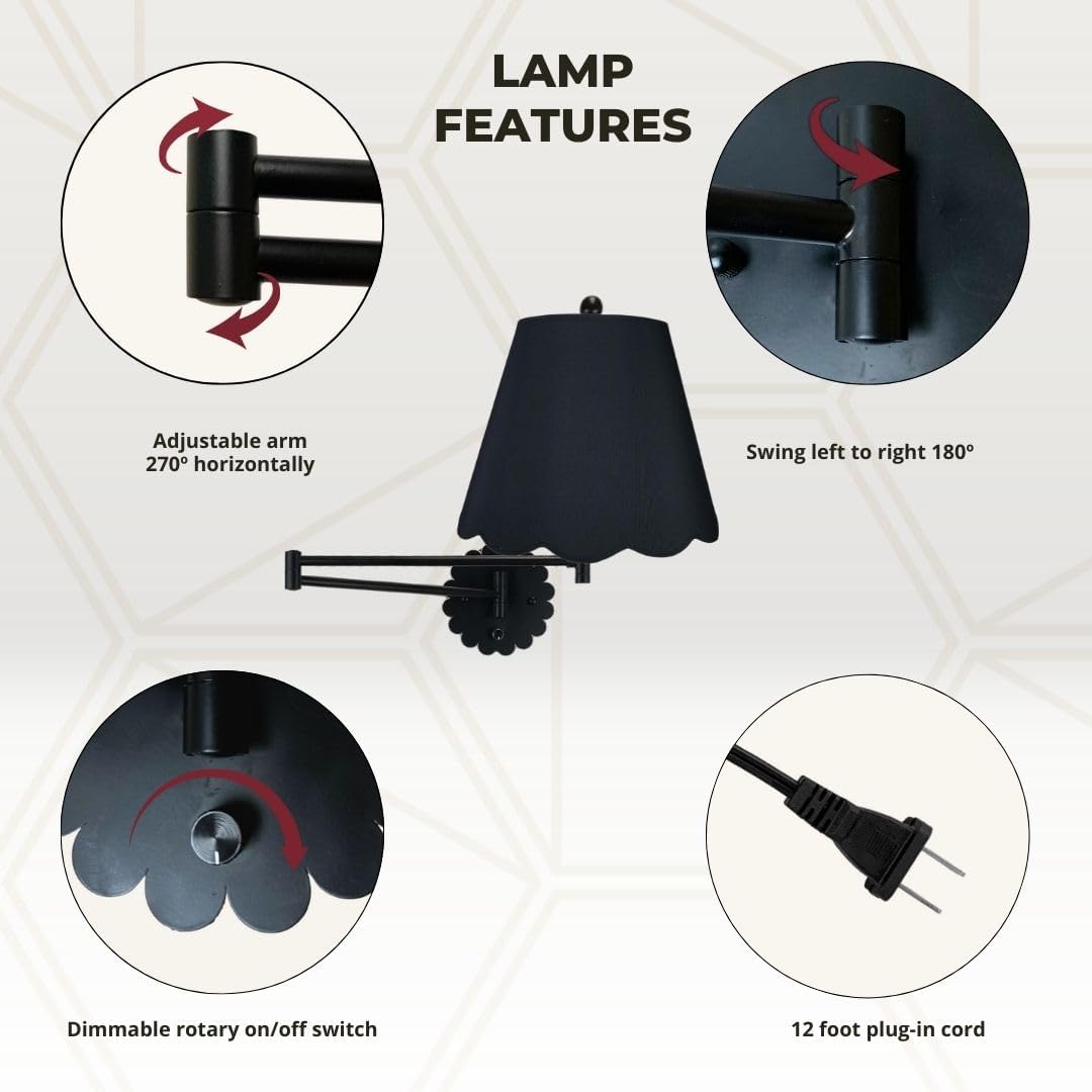 Royal Designs, Inc. Set of 2 Scalloped Swing-Arm Dimmable Wall Lamp - Black Lamp with Black Scallop Hardback Lampshade