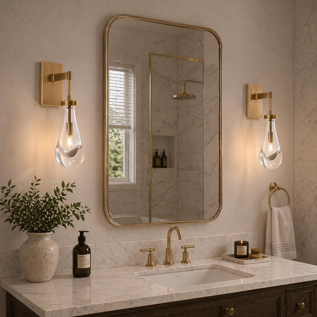 Raindrop Brass Wall Sconces Set of 2, Teardrop Glass Brushed Gold Dimmable Wall Lights with E12 Bulbs Included, Hardwired Bathroom Vanity Light for Bedroom, Living Room, Hallway, Stairway, Foyer, Home