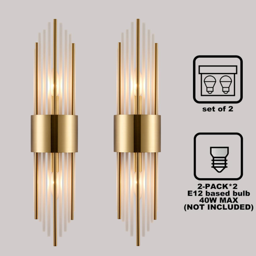 2-Light Modern Crystal Wall Sconces Titanium Gold Vanity Wall Light with Frosted Glass Luxury Set of 2 Wall Light Fixtures for Bedroom Living Room Dining Room Vanity Mirror Light