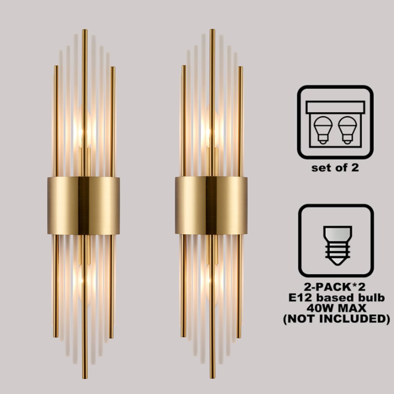 2-Light Modern Crystal Wall Sconces Titanium Gold Vanity Wall Light with Frosted Glass Luxury Set of 2 Wall Light Fixtures for Bedroom Living Room Dining Room Vanity Mirror Light