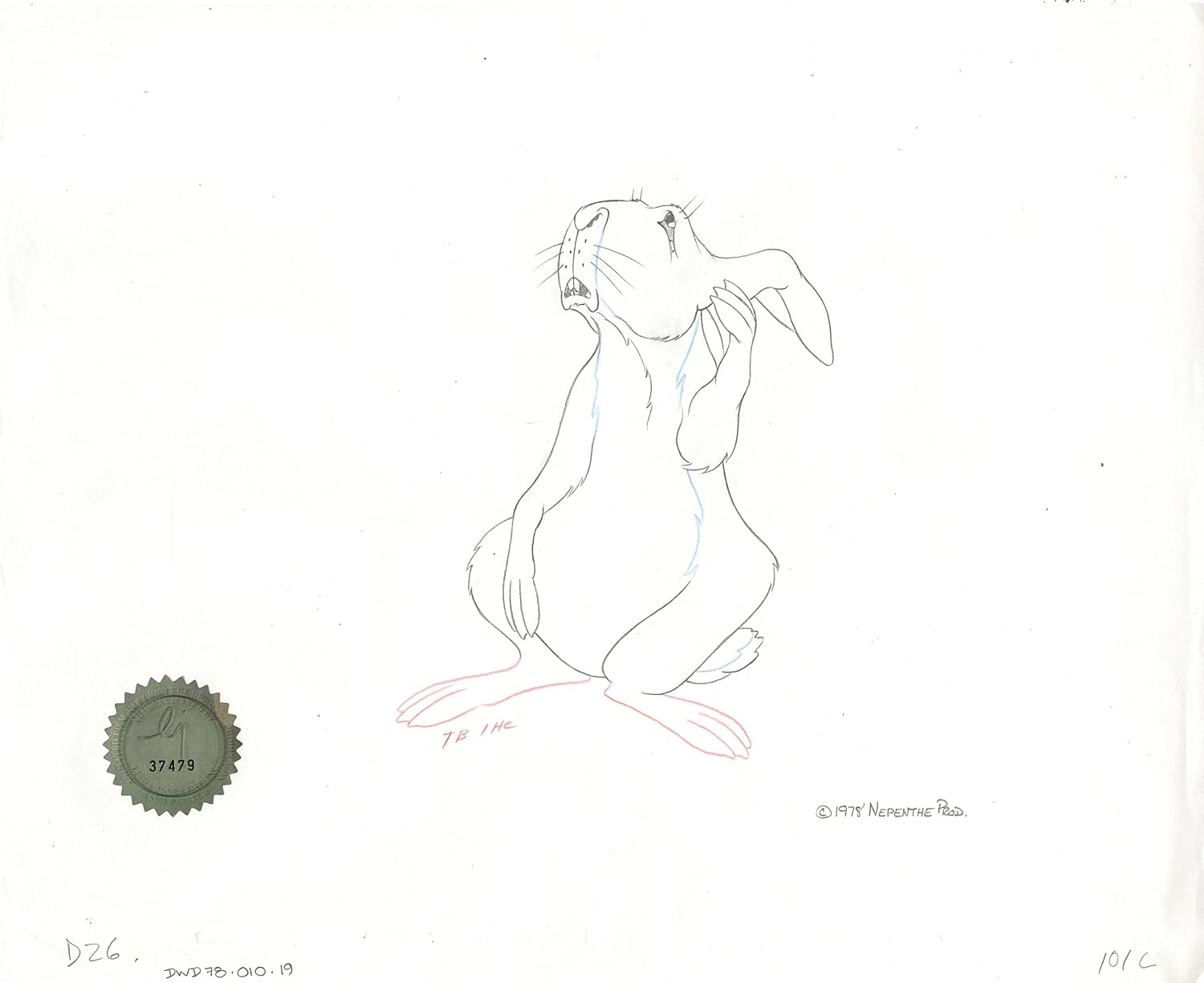Watership Down 1978 Production Animation Cel Drawing of Cowslip with Linda Jones Seal and Certificate of Authenticity 010-019