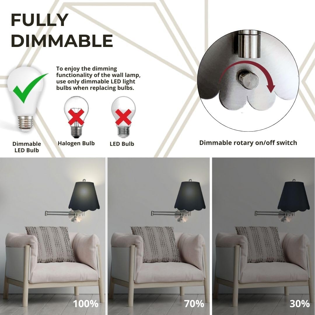 Royal Designs, Inc. Set of 2 Scalloped Swing-Arm Dimmable Wall Lamp - Brushed Nickel Lamp with Black Scallop Hardback Lampshade