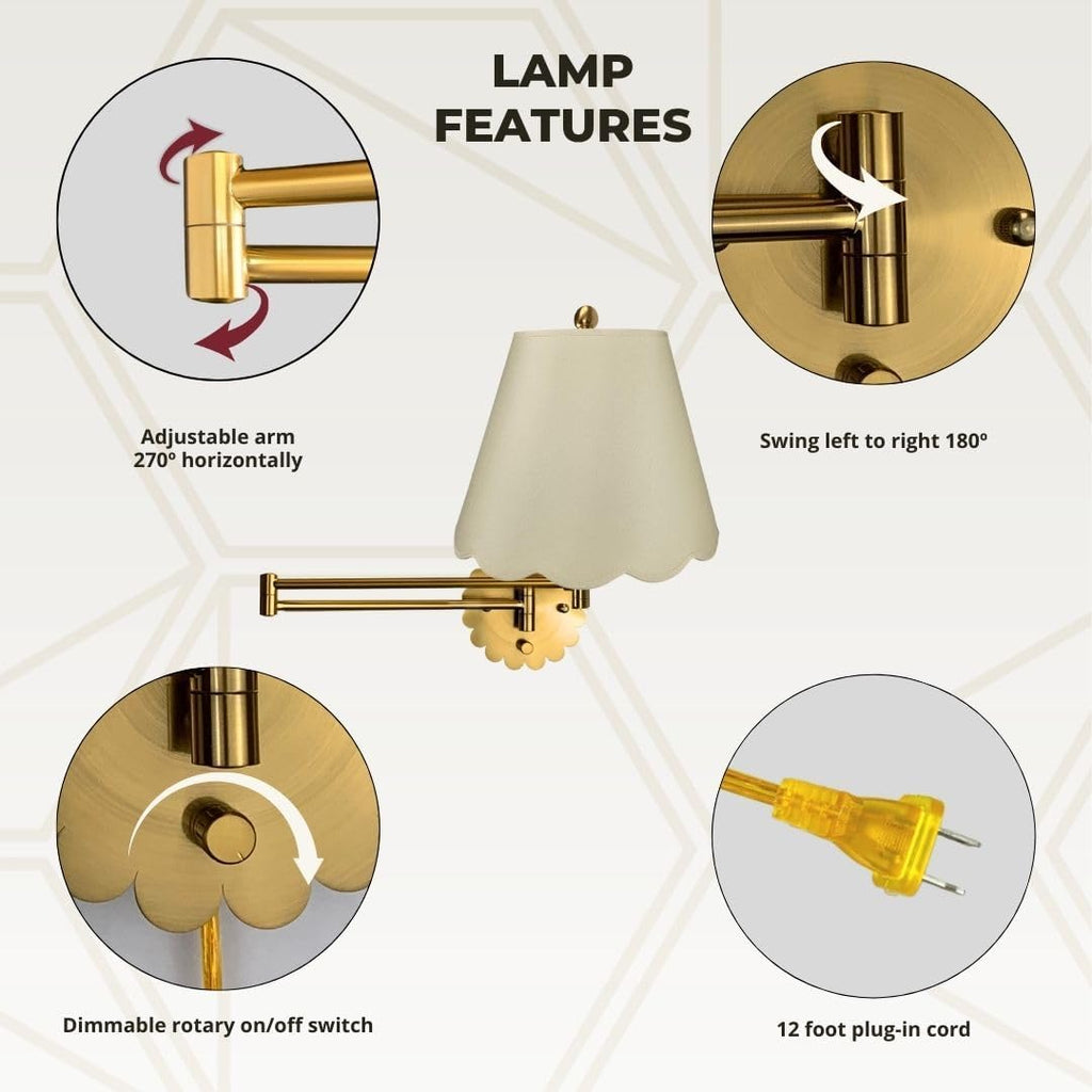 Royal Designs, Inc. Set of 2 Scalloped Swing-Arm Dimmable Wall Lamp - Brushed Satin Brass Lamp with Beige Scallop Hardback Lampshade