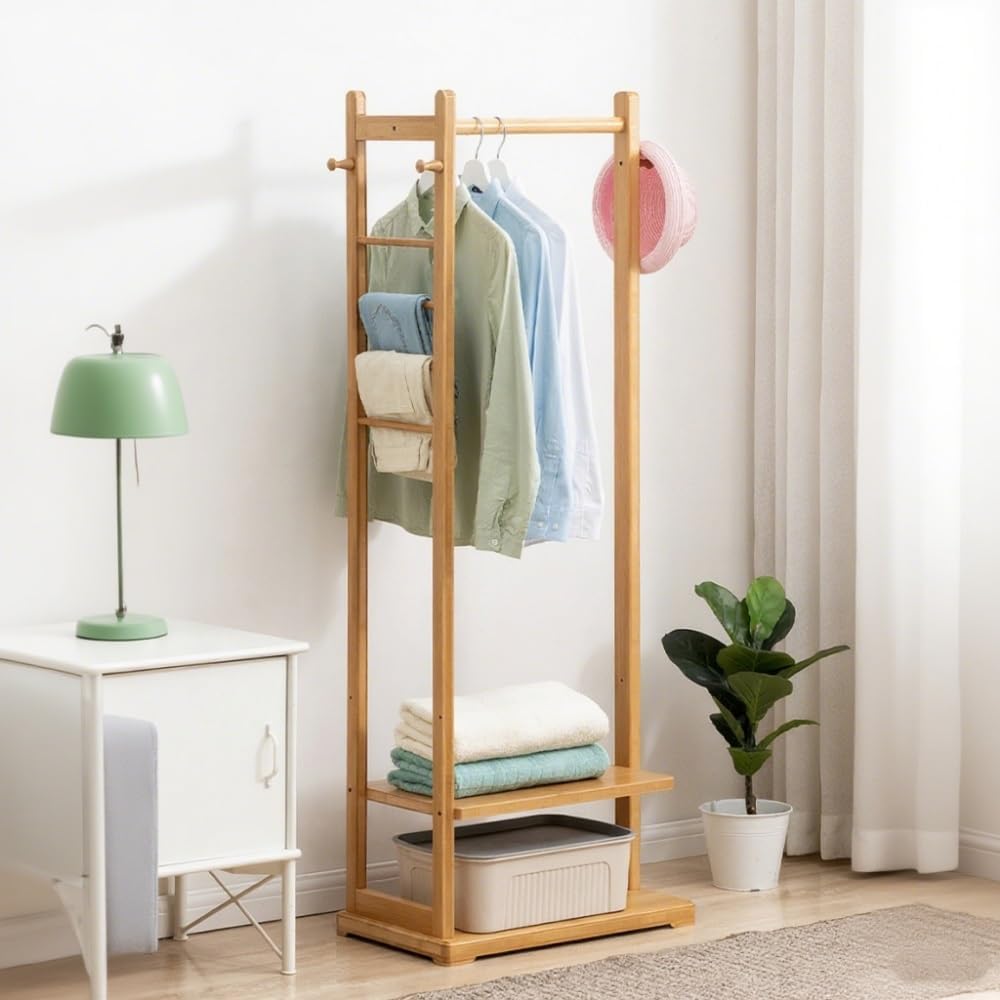 Bamboo Clothing Rack with Shelves and Side Hooks, Freestanding Garment Rack for Hanging Clothes, Floor-Standing Clothes Organizer for Bedroom or Living Room(Natural)