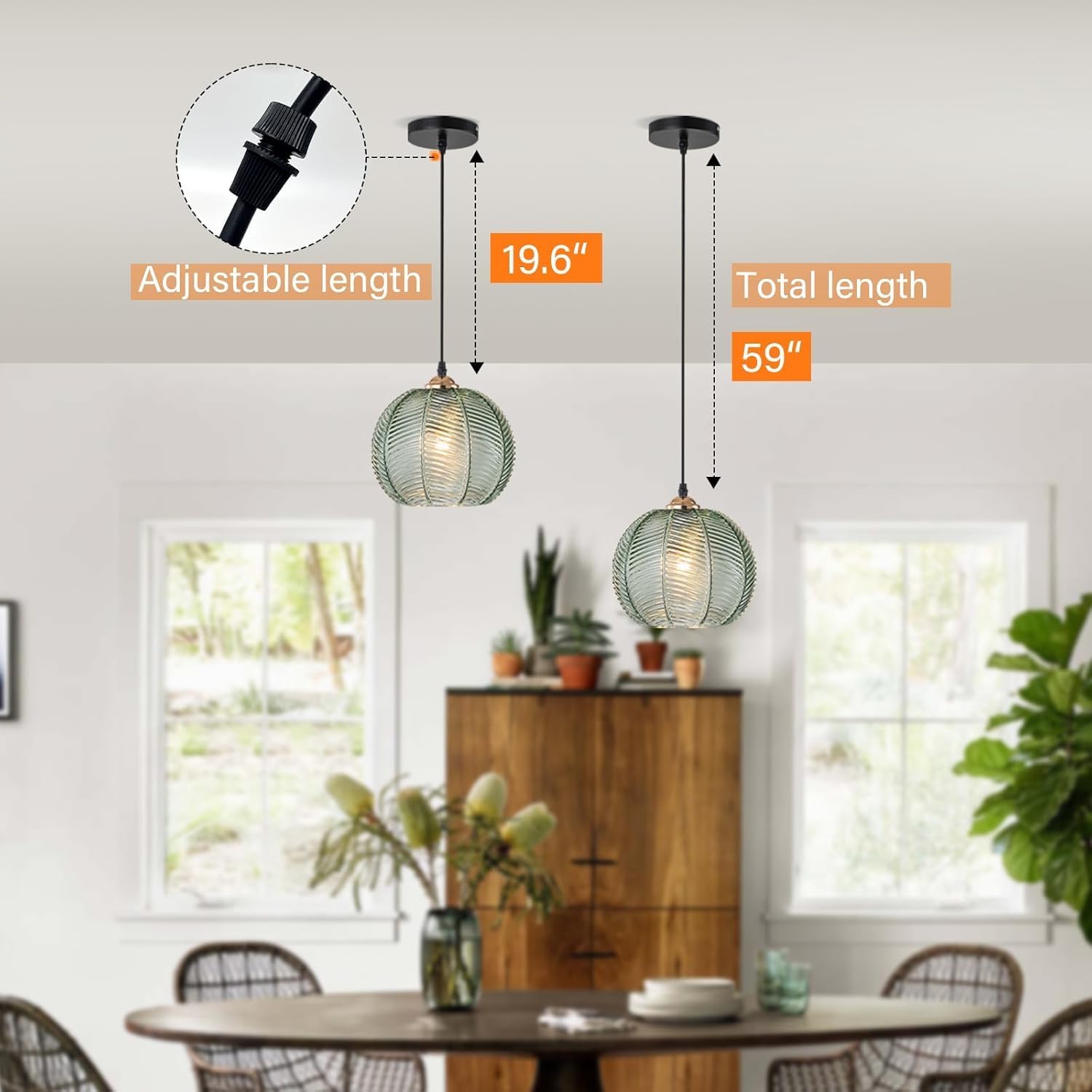 Blown Glass Pendant Light, Mid Century Green Hanging Light Fixture for Dining Room Bedroom, Single Globe Pendant Light Kitchen Island with Adjustable Cord, E26 Base