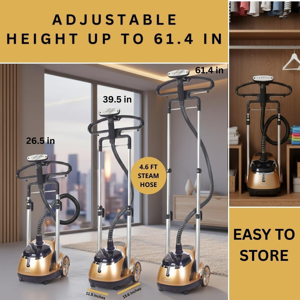 SALAV Professional Garment Steamer 1500W with Foot Pedal Control | 45s Fast Heat Up, 1.8L Tank, Up to 1 Hour Continuous Steam, Stainless Steel Nozzle & Wheels – Gold