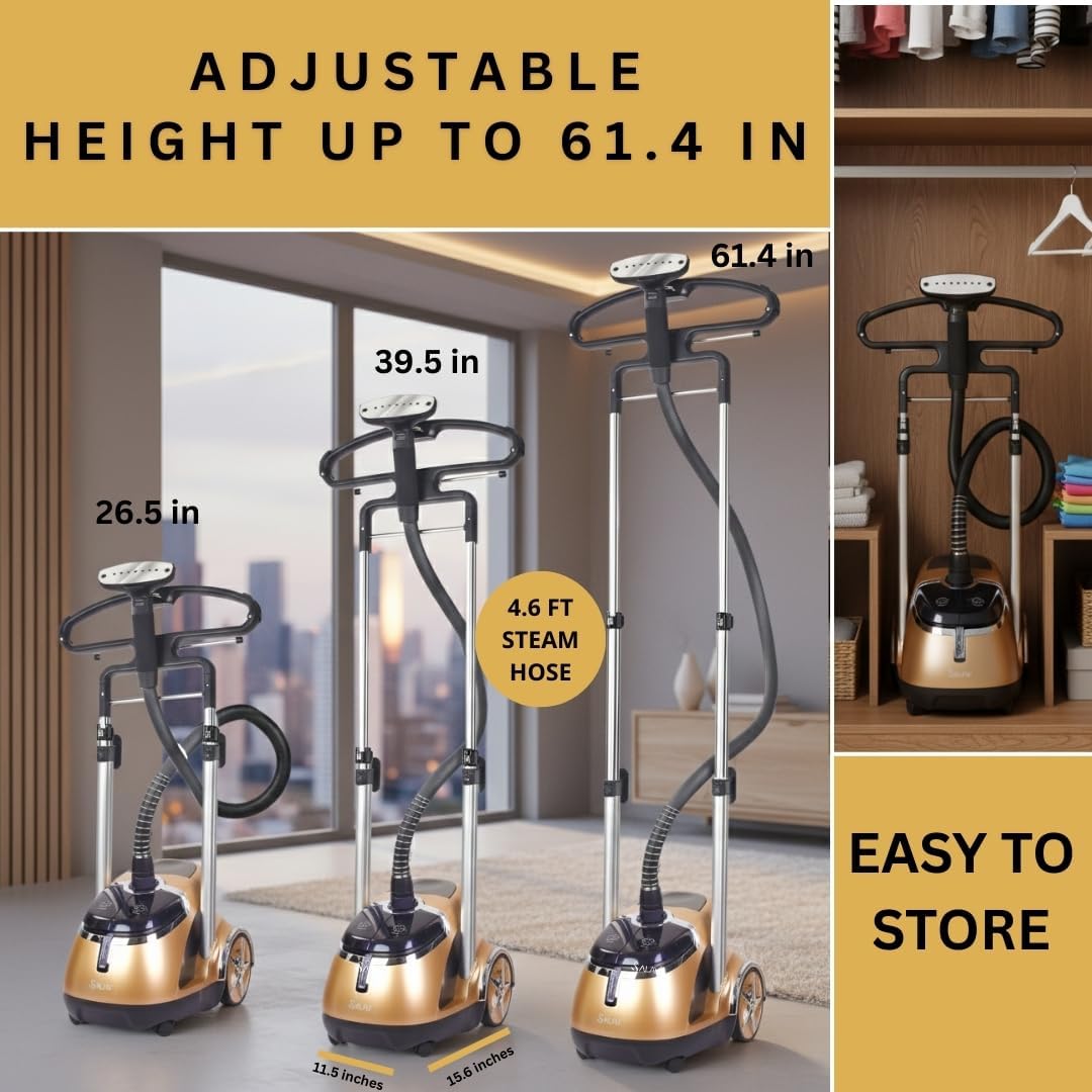 SALAV Professional Garment Steamer 1500W with Foot Pedal Control | 45s Fast Heat Up, 1.8L Tank, Up to 1 Hour Continuous Steam, Stainless Steel Nozzle & Wheels – Gold