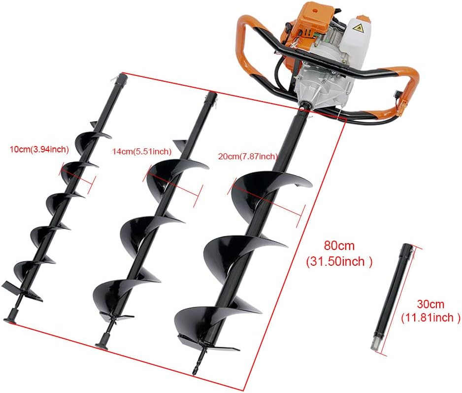 Fence Earth Auger, Petrol Borer 52cc 2-Stroke Post Hole Digger+Drill Bits 4' 6' 8' Bar Single Cylinder Air-Cooled System One Man Fence Earth Auger (US Stock) (2.3HP)