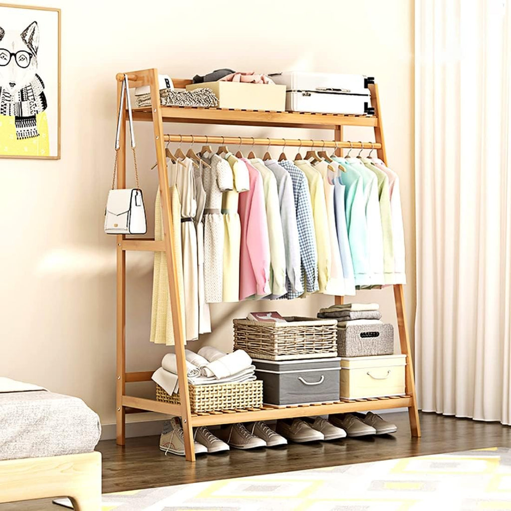 Coat Rack, Clothing Rack Small Clothes Rack With 2 Shelf Freestanding Bamboo Garment Rack Easy To Assemble Clothes Hanging Rack With Side Hooks Hold Up To 80kg