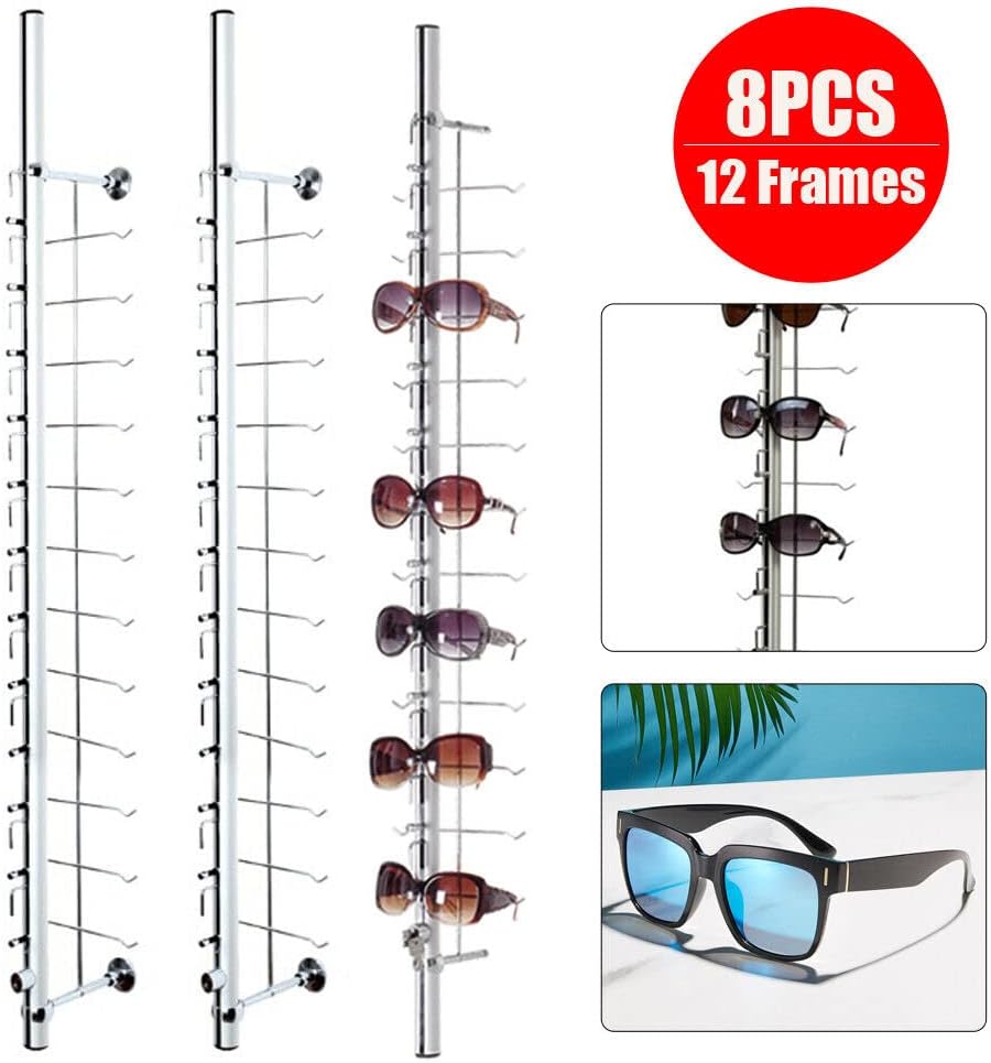 8pcs Sunglass Retail Display Stand Eyewear Display Wall Mount Glasses Holder Display Stand 12 Pairs Sunglasses Rack Holder Glasses Display Stand Lockable Eyeglasses Display Rod for Multiple Glasses