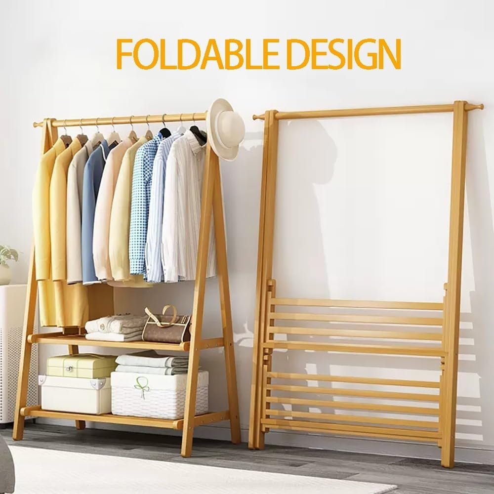 Bamboo Clothes Rack with Double Layer Storage Shelf Hanging Rail for Clothes 160cm High Garment Rack for Bedroom Lightweight Foldable Coat Stand L:66/86/116CM