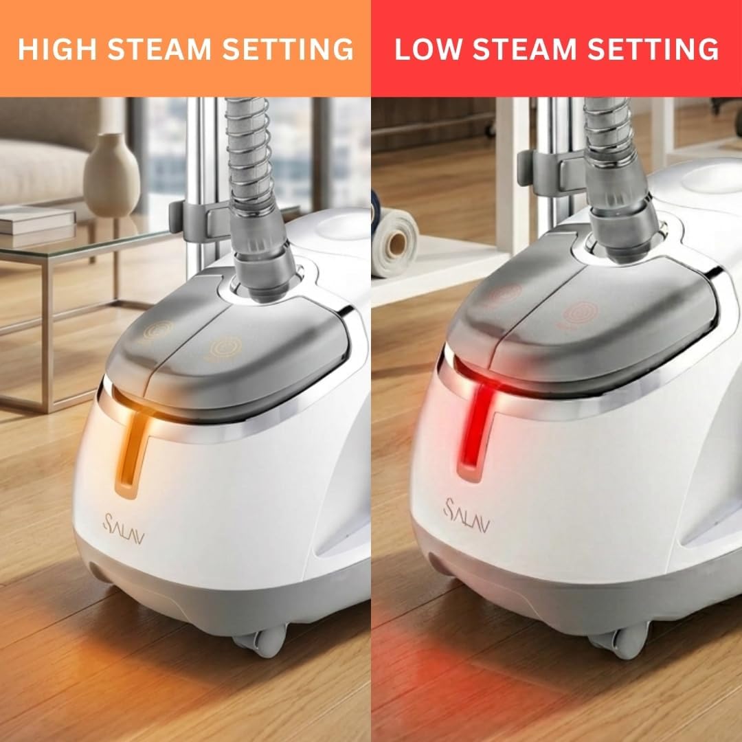 SALAV GS45-DJ Professional Upright Garment Steamer with Roll Wheels, Multi-Function Extra Wide Hanger, Fabric Brush & Mini Ironing Paddle, 1500 watts, Silver