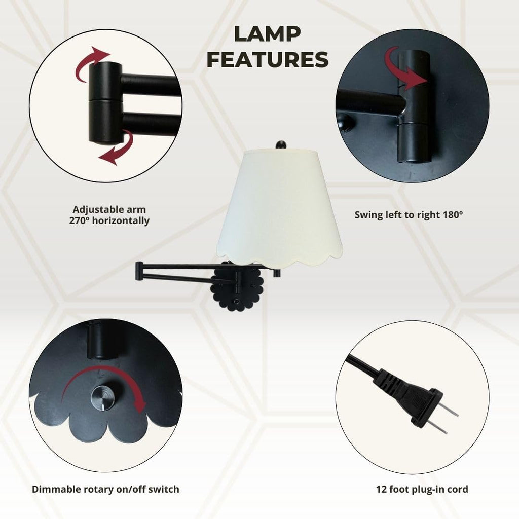Royal Designs, Inc. Set of 2 Scalloped Swing-Arm Dimmable Wall Lamp - Black Lamp with Linen Eggshell Scallop Hardback Lampshade