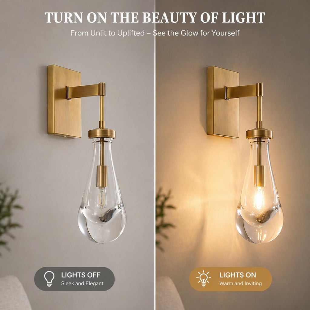 Raindrop Brass Wall Sconces Set of 2, Teardrop Glass Brushed Gold Dimmable Wall Lights with E12 Bulbs Included, Hardwired Bathroom Vanity Light for Bedroom, Living Room, Hallway, Stairway, Foyer, Home