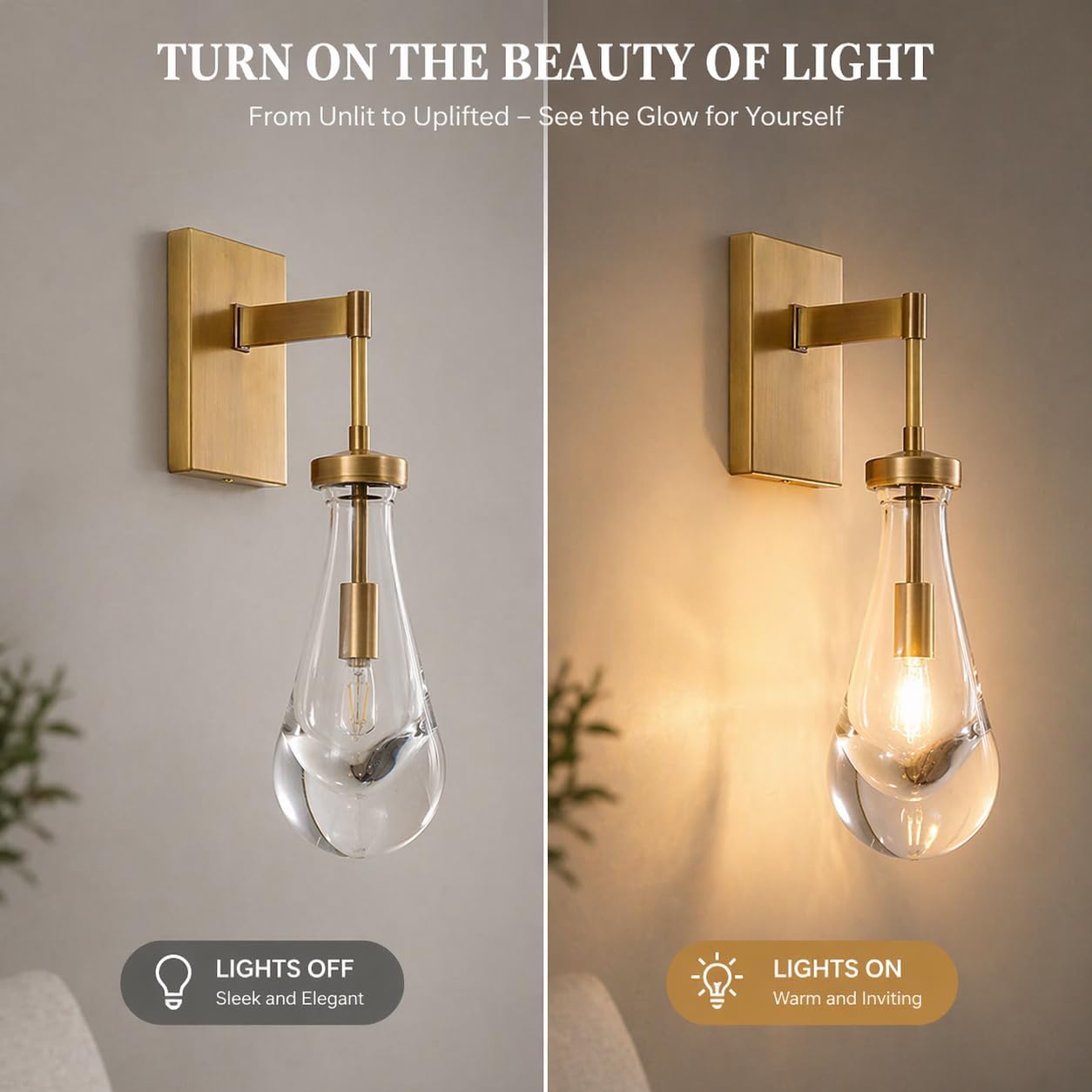 Raindrop Brass Wall Sconces Set of 2, Teardrop Glass Brushed Gold Dimmable Wall Lights with E12 Bulbs Included, Hardwired Bathroom Vanity Light for Bedroom, Living Room, Hallway, Stairway, Foyer, Home