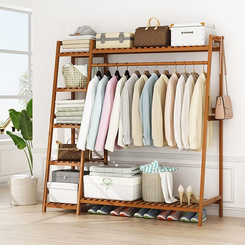 Coat Rack, Bamboo Garment Rack 7 Tier Storage Shelves Clothes Hanging Rack Heavy Duty Clothing Rack Multipurpose Open Wardrobe Closet Organizer Stable Structure