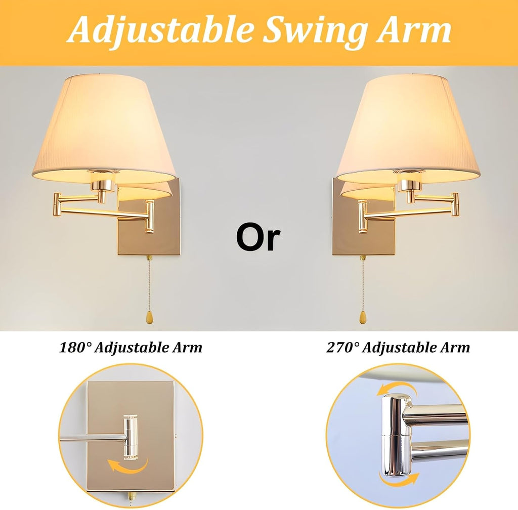 Swing Arm Wall Sconces Set of 2, Indoor Wall Lamp with White Beige Shade Reading Wall Light Fixture with On/Off Switch for Living Room Doorway Study Room Bedroom Bedside