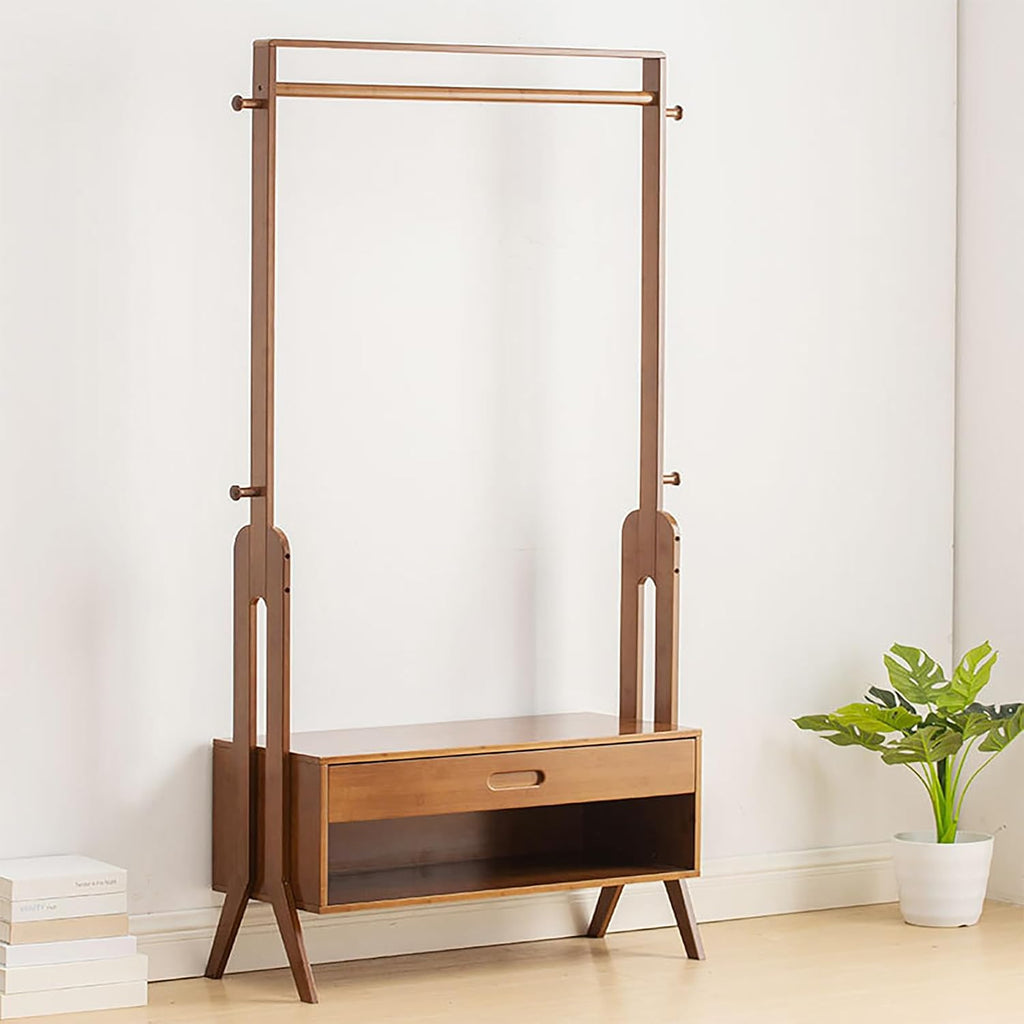 Bamboo Garment Coat Clothes Hanging Rack with Drawer Organizer Shelves, Multi-functional Clothing Storage Rack With Hooks for Bedroom, Laundry Room, Living-room