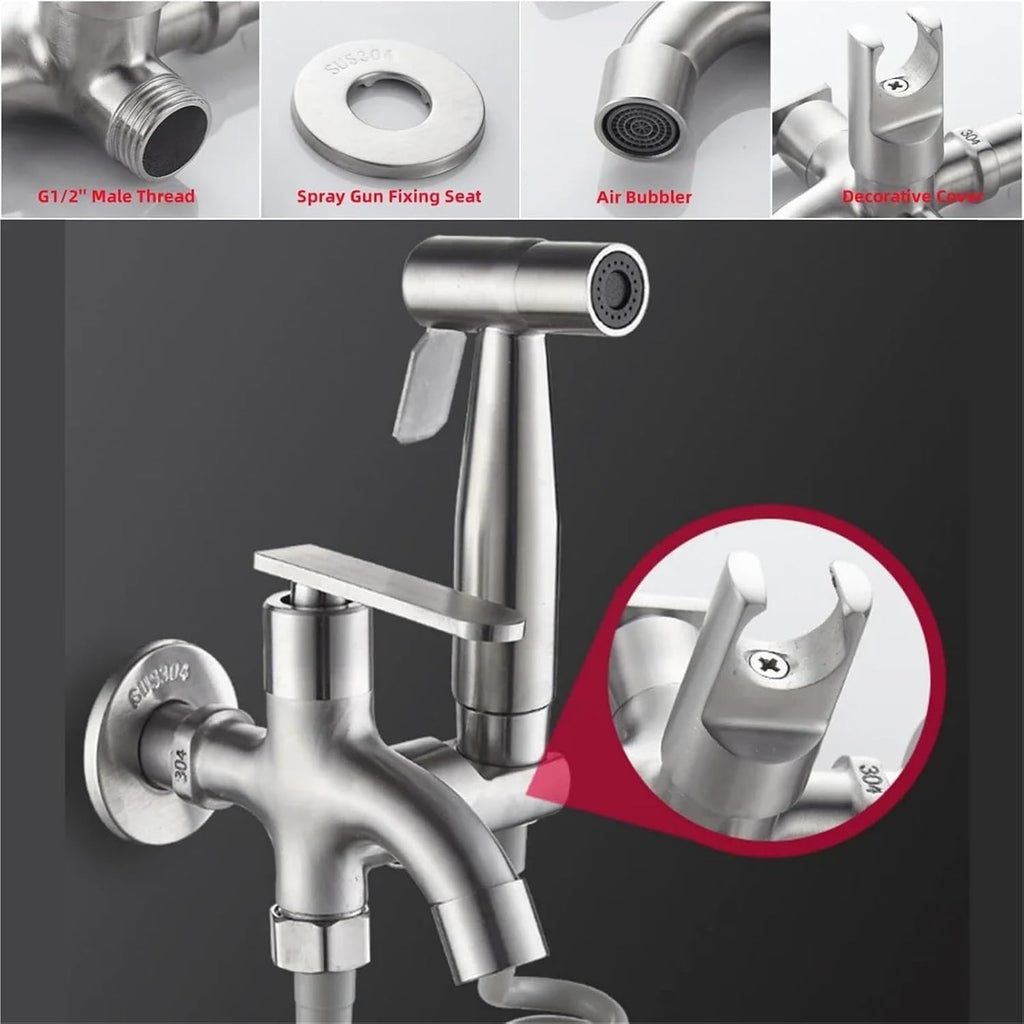 Bathroom Stainless Steel Faucet Toilet Cleaning Kit Pipe Sprayer Household Double Tap Accessories-Silver