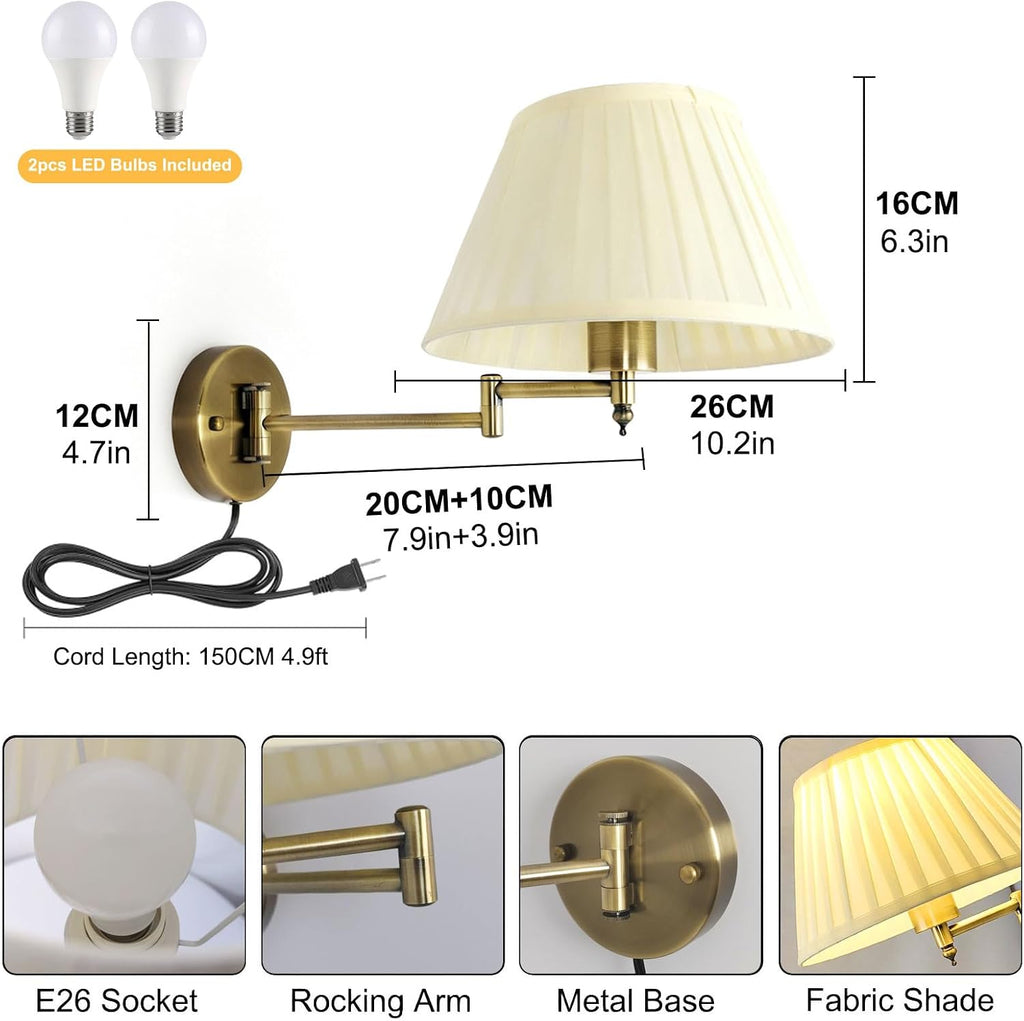 Indoor Wall Sconce Set of Two Swing Arm Wall Lamp Plug in Bronze Wall Light Fixtures with Beige Fabric Shade Bedside Lights for Bedroom Hallway Study Room Living Room Reading Light