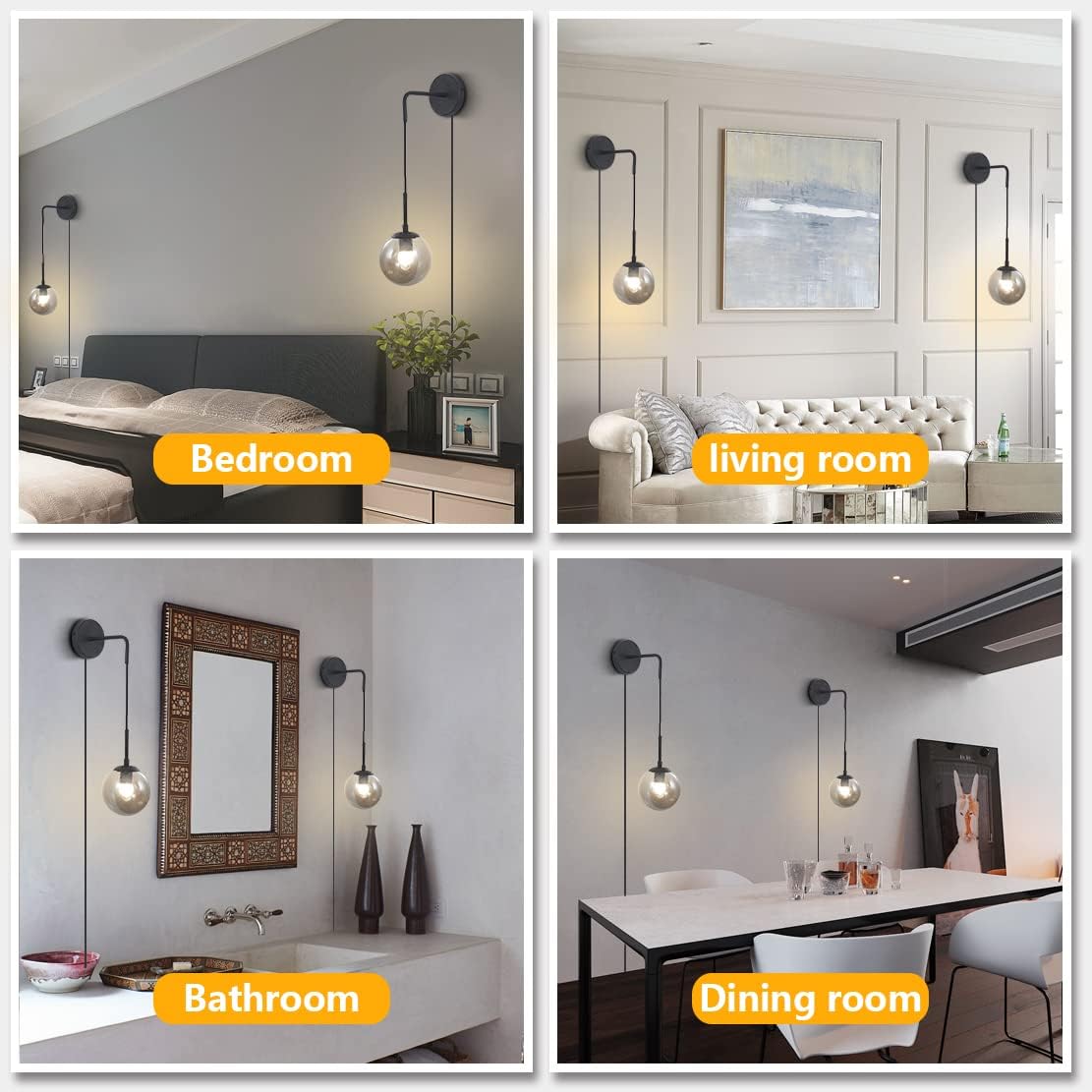 BOKT Modern Smoke Gray Glass Wall Sconce Lighting Set of Two Plug in Cord Mid Century Matte Black Wall Light Fixture Set of 2 Plug in Vanity Globe Bathroom Wall Lamp (Smoke Gray)