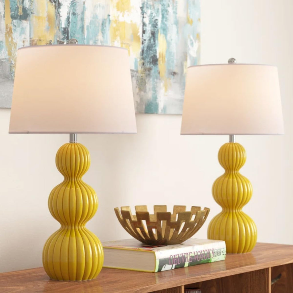 Maxax 28' Ceramic Table Lamps Set of 2, Modern Triple Gourd Bedside Lamps for Bedroom, 3-Way Dimmable Large Yellow Nightstand Lamp with White Drum Shade for Living Room, Office